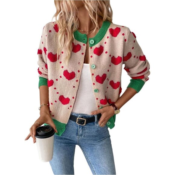 Women's Color Block Heart Cardigan Knit Long Sleeve Button Down Fall Sweater